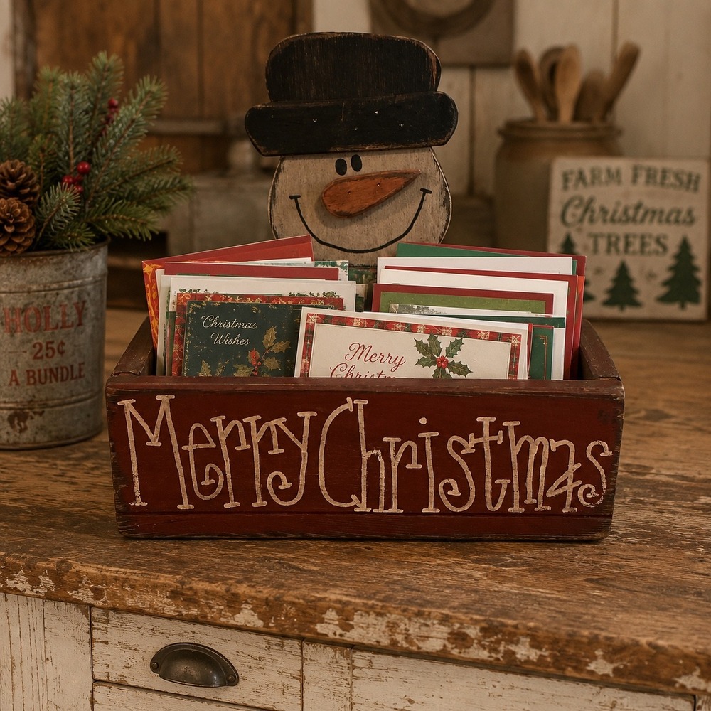 Vintage Primitive Wooden Snowman Merry Christmas Card Holder Box Rustic Red 11in